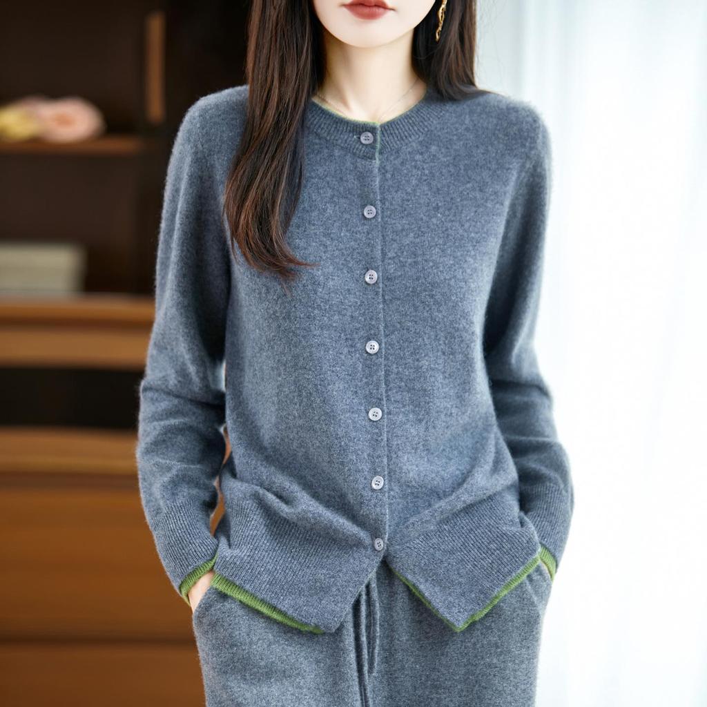 Women's Color Block Cashmere Wool Knit Cardigan Sweater - Loose Fit, Round Neck, Korean Style