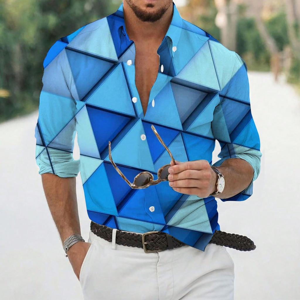 Stylish Men's Geometric Print Long-sleeve Shirt, Versatile for Daily Wear