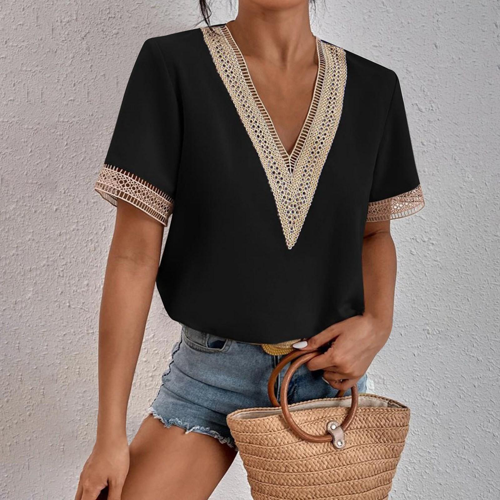 

Женская мода, однотонная свободная футболка, кружевной шифоновый топ с короткими рукавами L чёрный