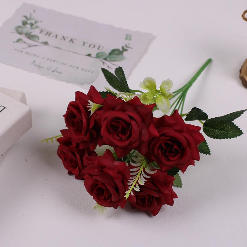 

10pcs Simulation 7-head Corner Roses Bouquet Light Luxury Silk Pink Flowers Wedding Auditorium Decoration Rose Artificial Flower темно-красного