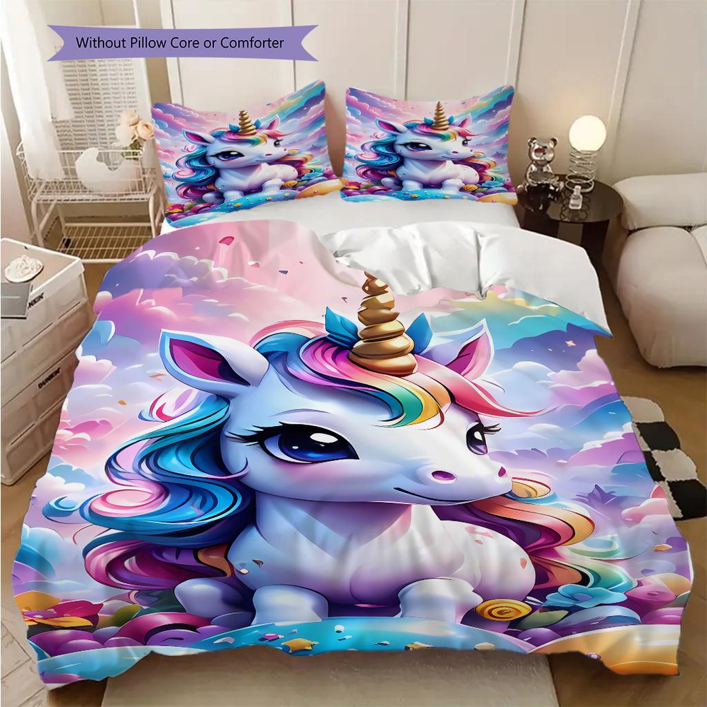 Cartoon cute fantasy unicorn bedding, duvet cover, pillowcase, home decoration, birthday gift (1 * duvet cover+2 * pillowcase, coreless)