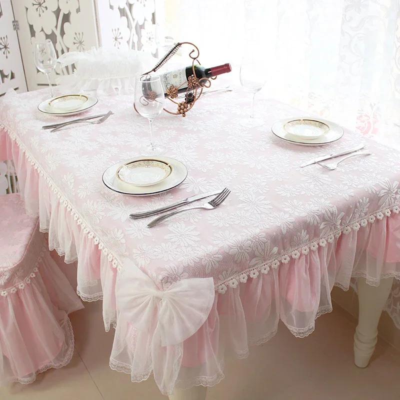 Korean Lace Tablecloth Garden Fresh Pink Bow Home Diningtable Cloth Rectangular European Wedding Decor Cloth Custom Chair Cover