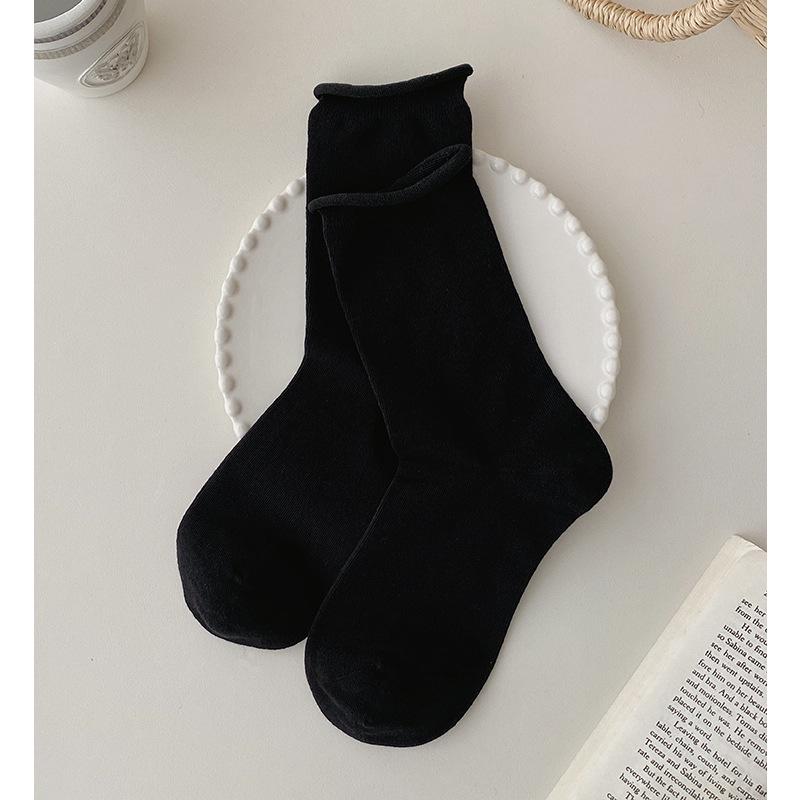 Women's Rolled Edge Mid-Calf Cotton Socks - Boneless, Elastic, Sweat-Absorbent, Breathable, Solid White, Versatile Slouch Design