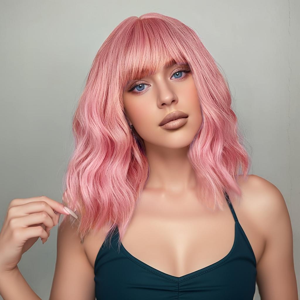 Natürliche Blaue Kurze Lockige Perücke für Damen - Schulterlanger Gewellter Bob mit Pony | Synthetisches Hitzebeständiges Haar