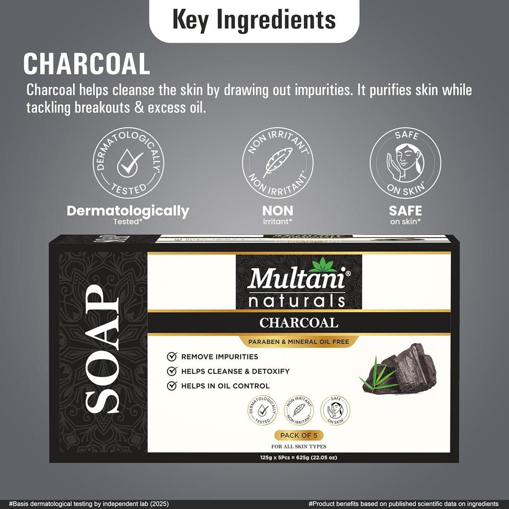 Multani Naturals Charcoal Soap Bar For Oily Skin Deep Cleansing Glycerin Soap 125 gm Pack of 5Pcs Paraben Free Body Wash