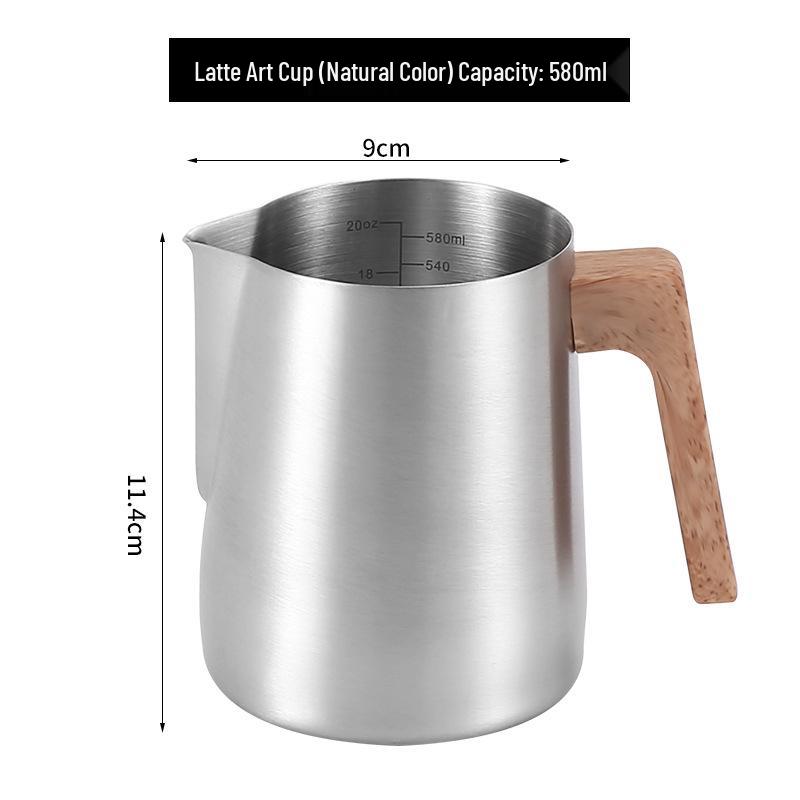 Wood Grain Handle Latte Art Cup, 304 Stainless Steel with Scale, Milk Frothing Pitcher