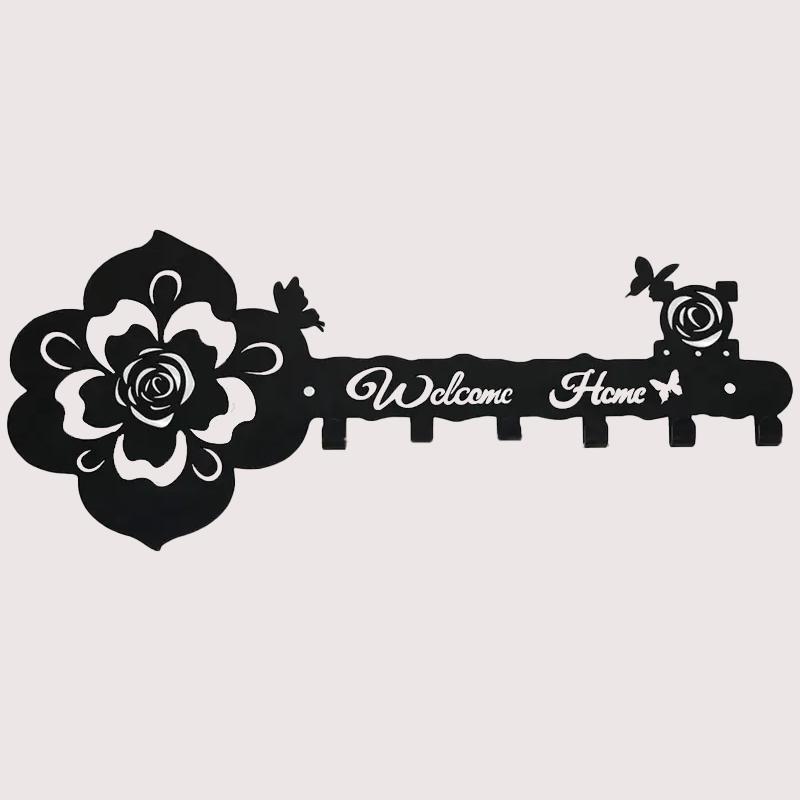 

6 Hook Black Metal Rose Butterfly Pattern Indoor Key Hanger Wall Key Holder WELCOME Home Design Style Your Home Bronze