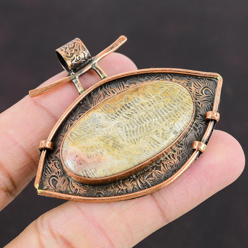 Fossil Coral Pendant Copper Pendant Gemstone Pendant Women Pendant Oxidized Copper Jewelry Gift For Bridal Wedding Jewelry Handmade Pendant