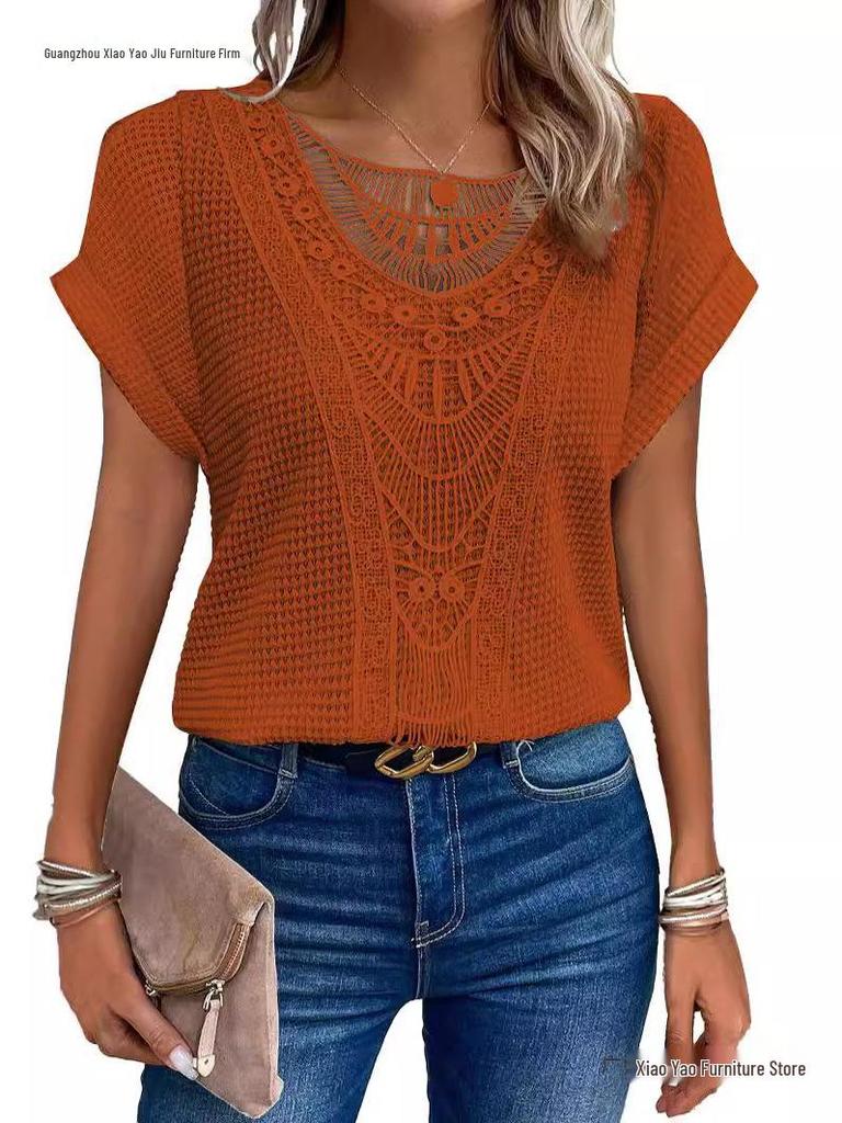 2026 Spring/Summer Women’s Lace Patchwork Short Sleeve T-shirt