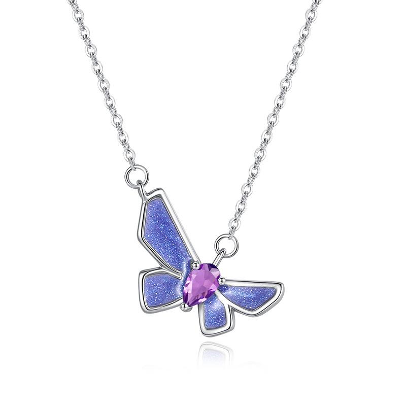 Natural crystal stone butterfly pendant whole body s925 silver necklace enamel craftsmanship high-end floral cut colored treasure pendant
