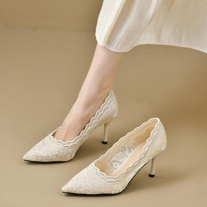White high heels wedding shoes women's spring new pointed head stiletto embroidered lace Xiuhe wedding bride shoes