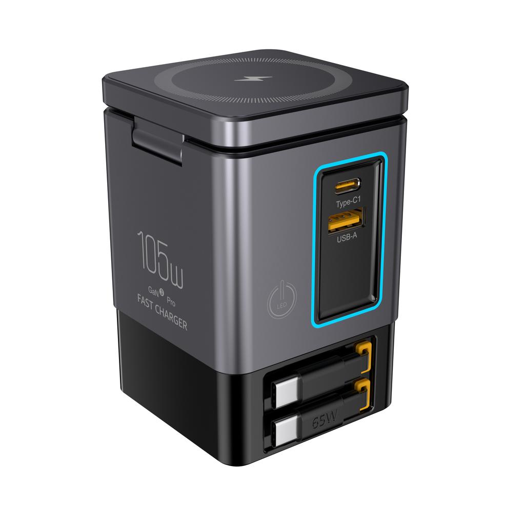 GaN 90W 6-in-1 Faltbares Magnetisches Kabelloses Ladegerät mit Typ-C USB-A und HDMI-Anschlüssen und PD 65W Einziehbarem Ladekabel