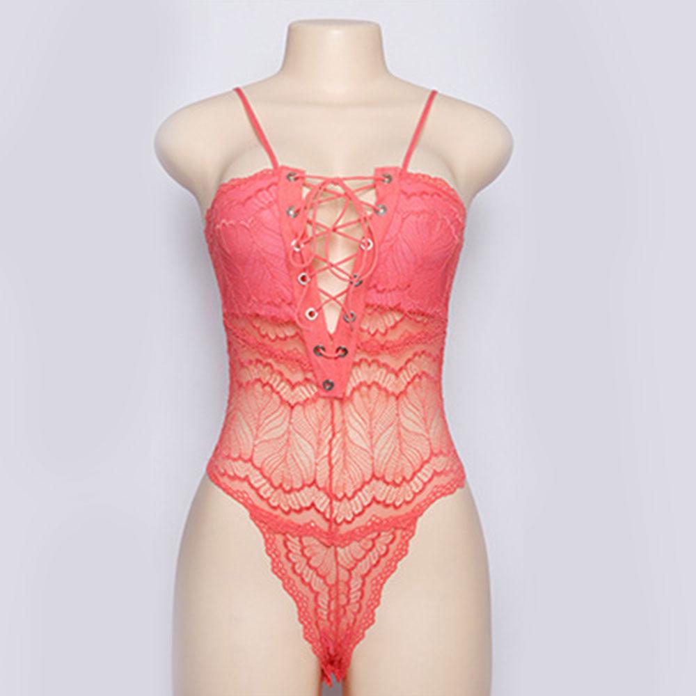 Transparent Lace Sexy V Neck Sleeveless Lace-ups Bodysuits Slim Bodycon Hollow Out Bandage Bodysuit