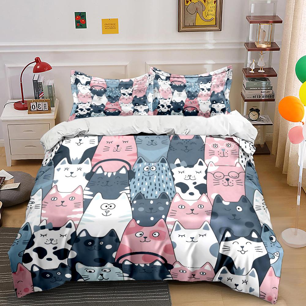 Cute Cartoon Cat Pattern Bedding Set For Kids Luxury Gift 3Pcs Digital Print Comforter Set Soft Comfortable Breathable