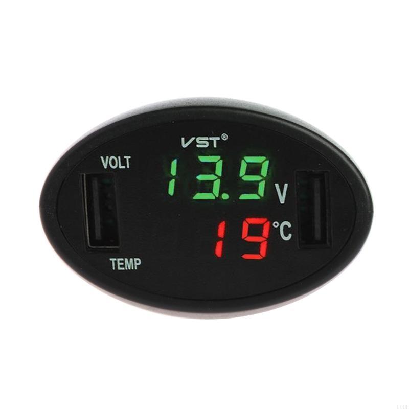 Car Thermometer Voltmeter Temperature USB 12-24V 3 in 1 Voltmeter Temperature Gauge LED Digital Display Black