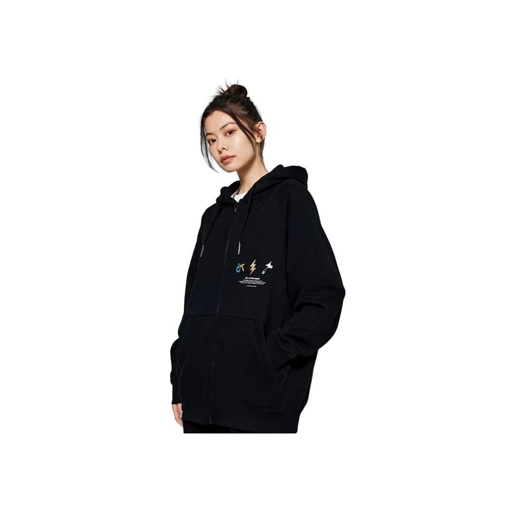 Li-Ning Solid Color Zip-Up Hoodie With Letter Print and Drawstring Unisex Hoodie Black AWDSI35-1