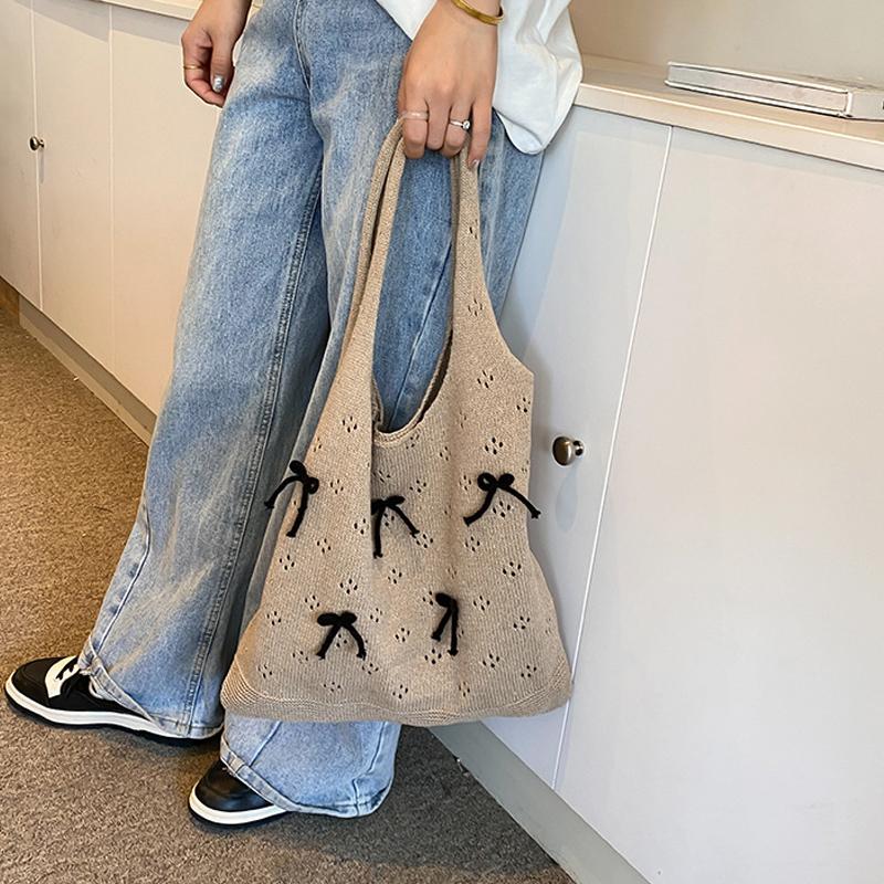 Solid Color Large Capacity Shoulder Bucket Bag Fashionable Knitted Work Commuter Bag Daily Shopper Tote For Women