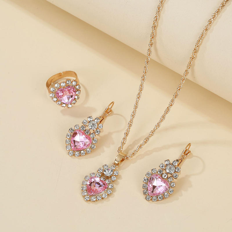 Necklace Earring Ring Three Piece Set Women's Water Droplet Heart-shaped Rhinestone Sets Fashionable Bridal Accessory
