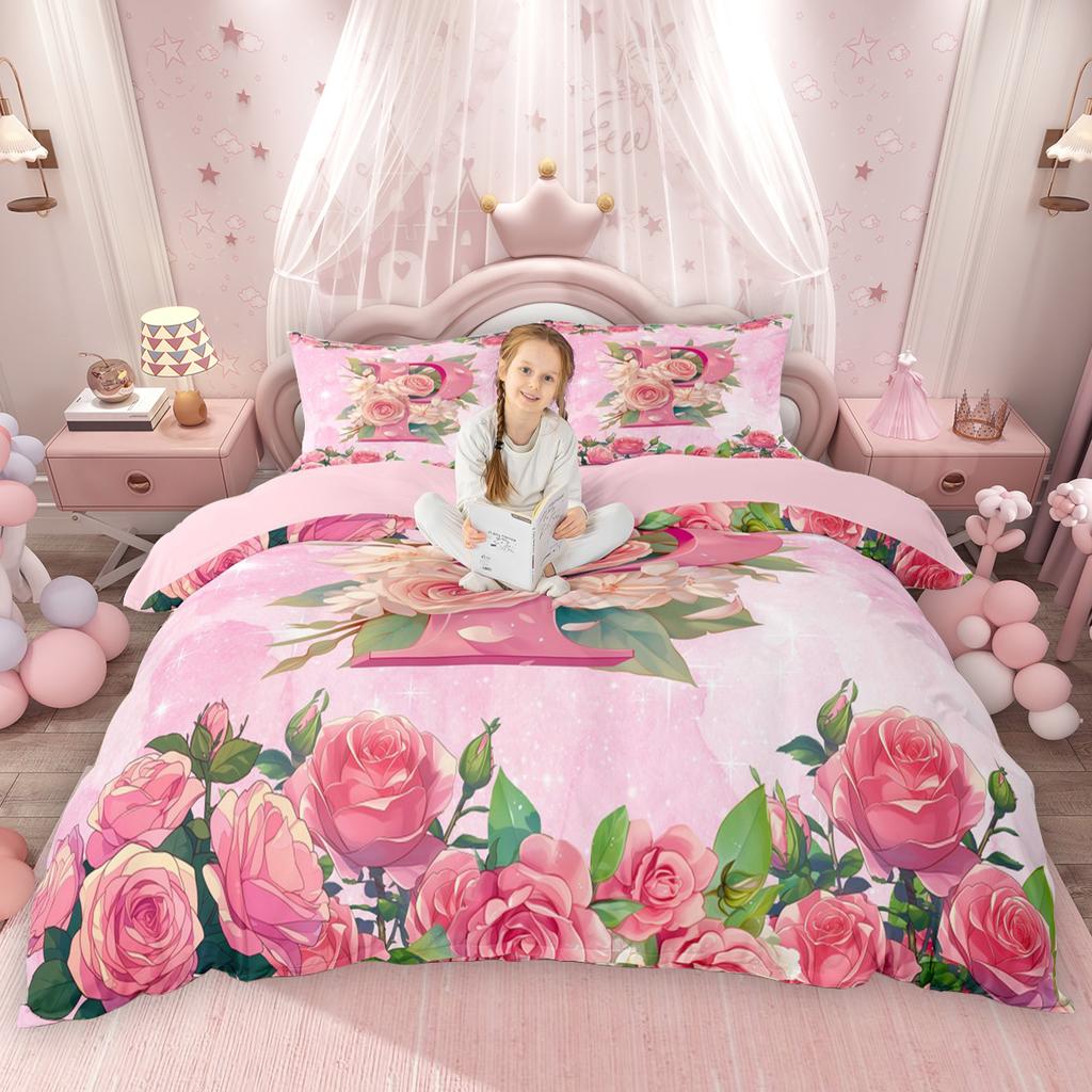 Homewish Girly Cute Pink Duvet Cover Set For Kids Girls Initial Letter A To T Bed Set Chic Floral Flower Quilt Cover Set