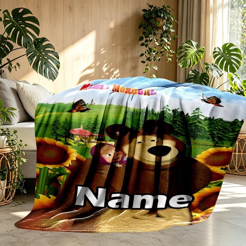 Custom Name Personalized Masha and The Bear Print Blankets, Home Decor, Bedroom, Sofa, Camping, Couch, Gifts for Birthday Christmas