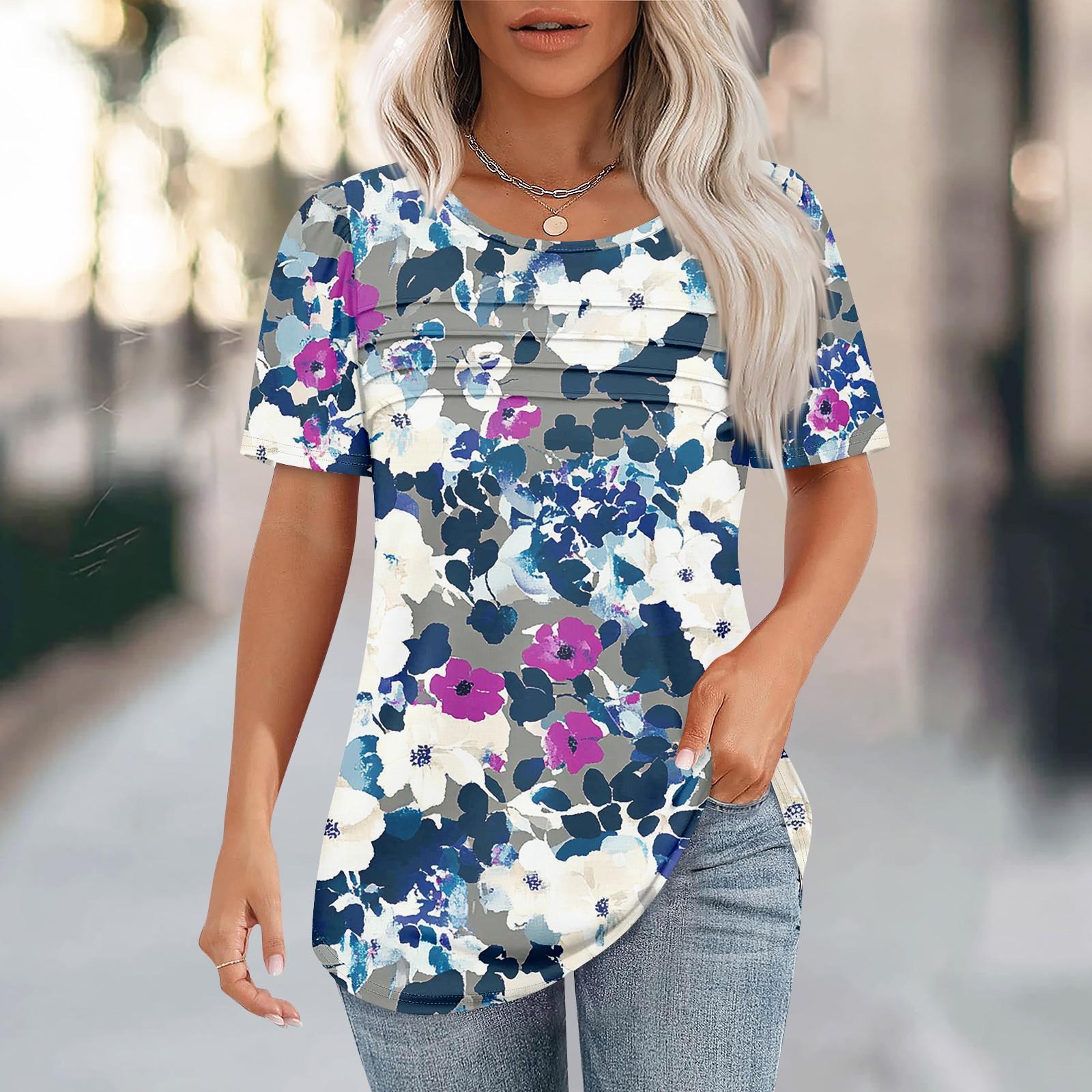 

Женская плиссированная футболка с круглым вырезом и ботаническим принтом, короткий рукав XL небесно-голубой