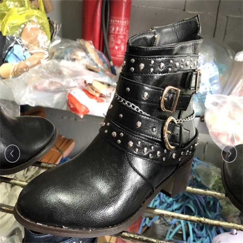 Coarse Heel Martin Boots Women's Autumn and Winter High Heel Large Size Belt Buckle Chain Rivet Short Boots Women's Single Boots