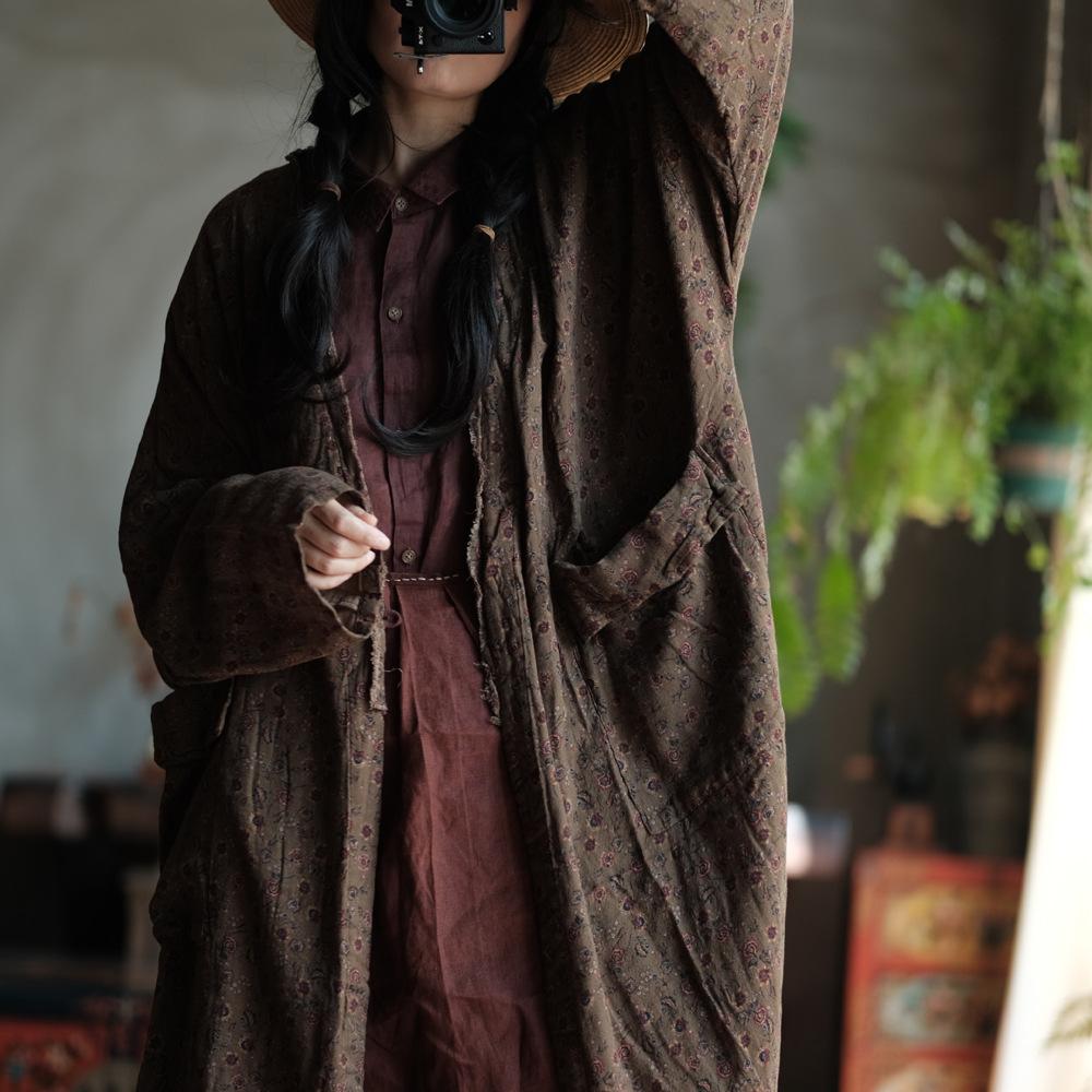 Johnature Women Vintage Print Floral Trench Coats Patchwork Pockets Autumn Chinese Style Cotton Women Long Trench