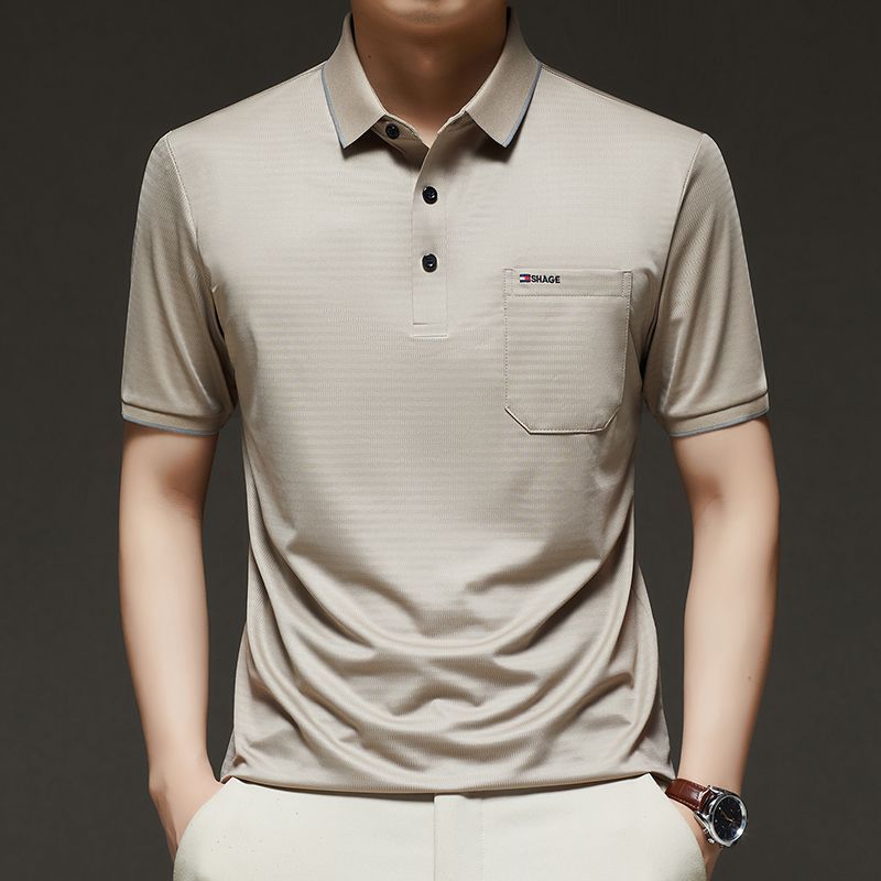 Men's Striped Polo Shirt Short Sleeve Casual Breathable Business Golf Polo Top with Chest Pocket