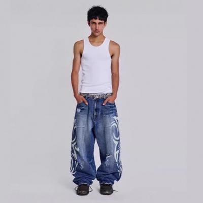 FlowStreet Jeansy z nadrukiem Moda Nowe Harajuku High Street Duży rozmiar Luźne spodnie Codzienne Jeansy z wysokim stanem