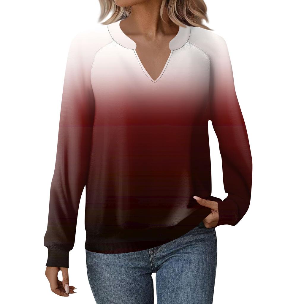 Dámská ležérní mikina s dlouhým rukávem, výstřihem do V a gradientním potiskem, volný svetr