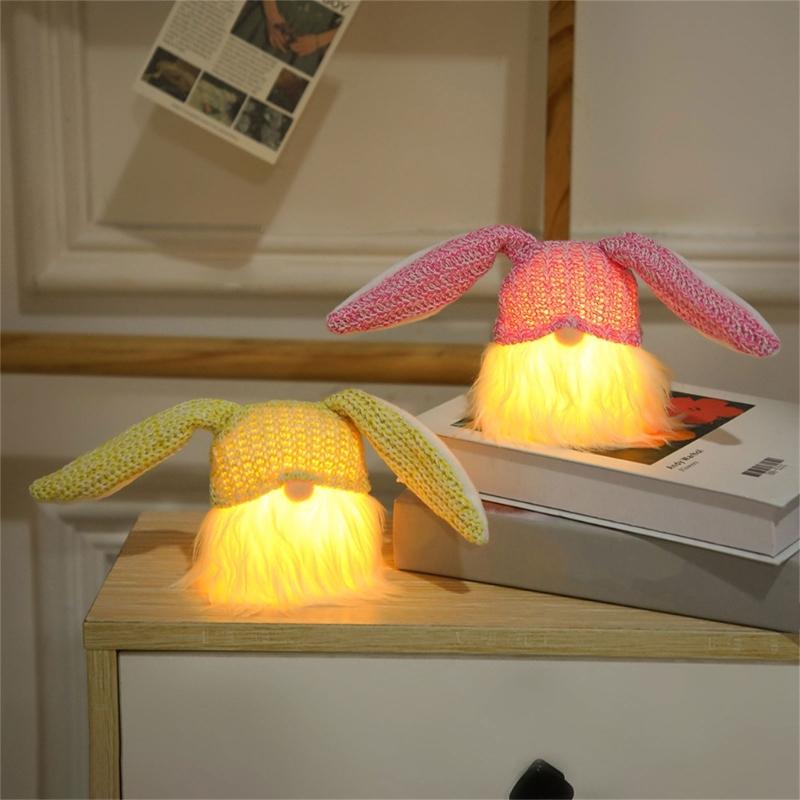 Easter Day Rabbit Decorations with Light, Handmade Gnome Doll Desk Ornament Easter Day Gift for Kid Adult