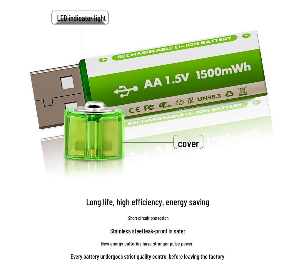 Rechargeable 1.5V USB Fast Charge Lithium Battery for Toy Cars, Calculators, and Mice, Size 5