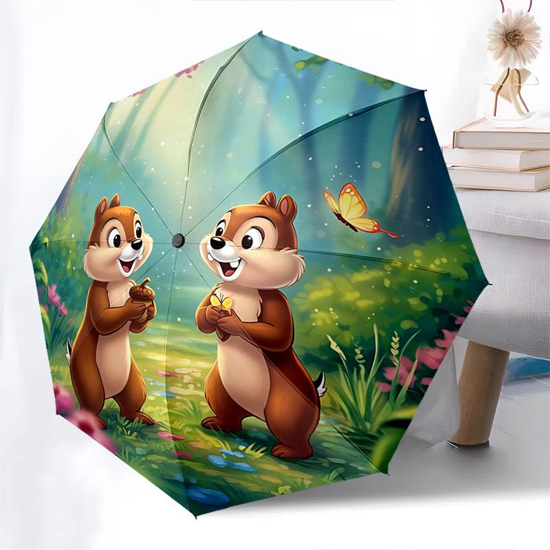 Chips and Dale, Forest Themed Automatic Opening and Closing Umbrella, Brightly Colored 8-rib Portable Umbrella, Suitable for Men and Women