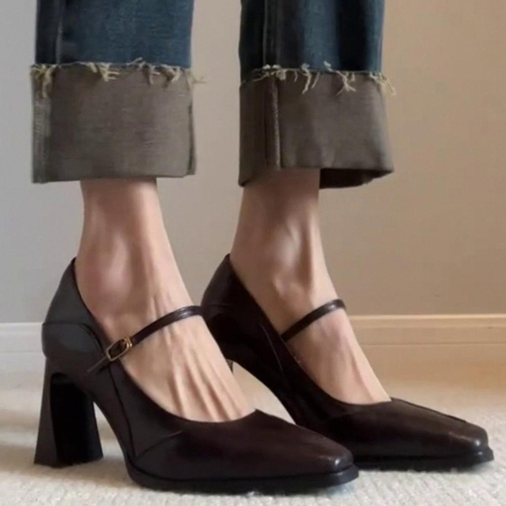 Sheepskin model~ leather French single shoes women's spring and autumn high heels femininity advanced not tired feet thick heel Mary Jane shoes