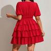 Vestido de tarta corto de color liso, manga corta, cuello en V sexy para mujer de talla grande