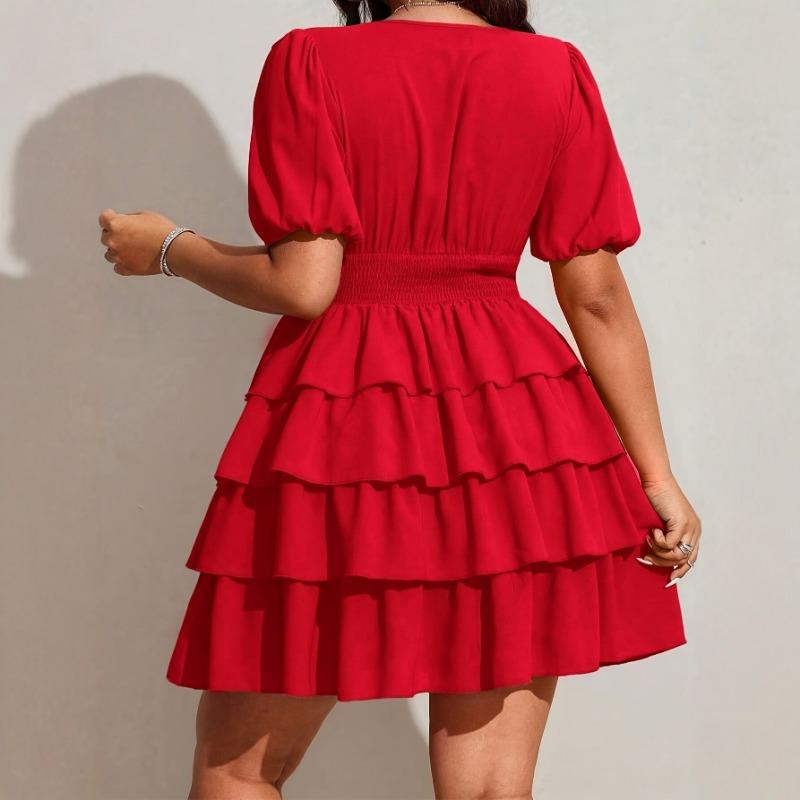 Vestido de tarta corto de color liso, manga corta, cuello en V sexy para mujer de talla grande