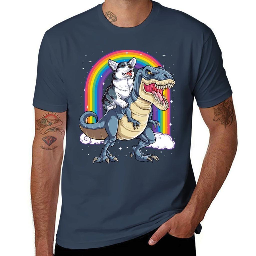 Corgi Riding Dinosaur T Rex Shirt Funny Rainbow Dog Tshirt Outdoor Sports Short Sleeve Top