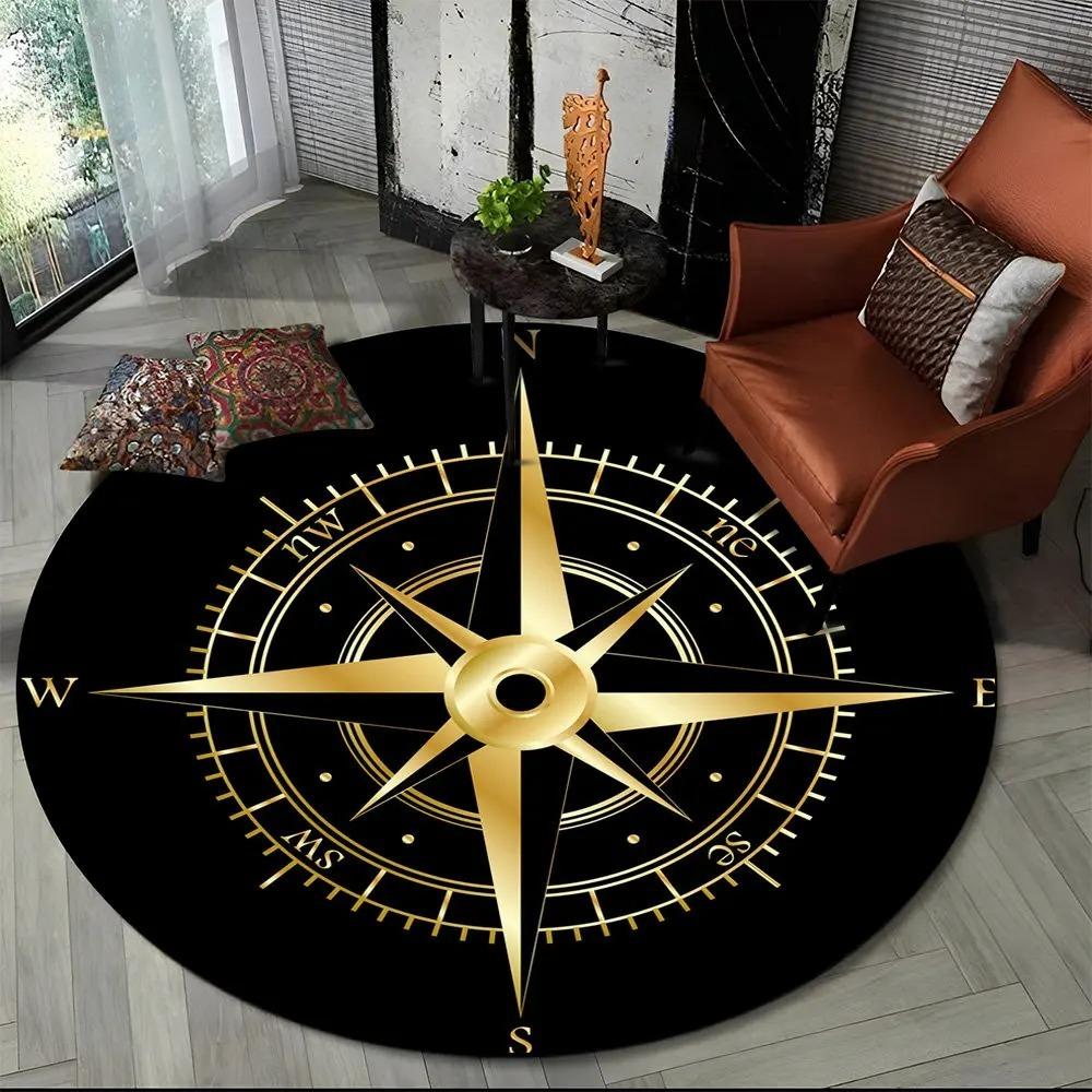 

Modern Compass Pattern Round Rug Nautical Adventure Circle Carpet Teens Bedroom Living Floor Mat Home Decor Doormat Chair Pad 60cmx60cm