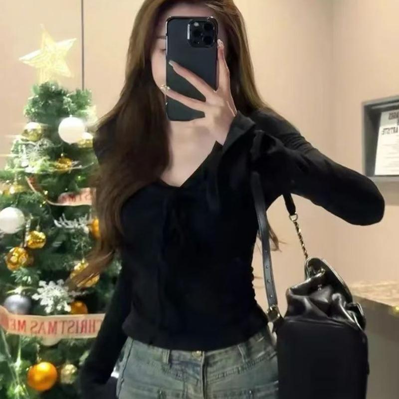 

Футболка с бантом и V-образным вырезом, завязывающаяся на шнурок, для женщин, женская облегающая рубашка с расклешенными рукавами, однотонные топы-пуловеры для девочек M