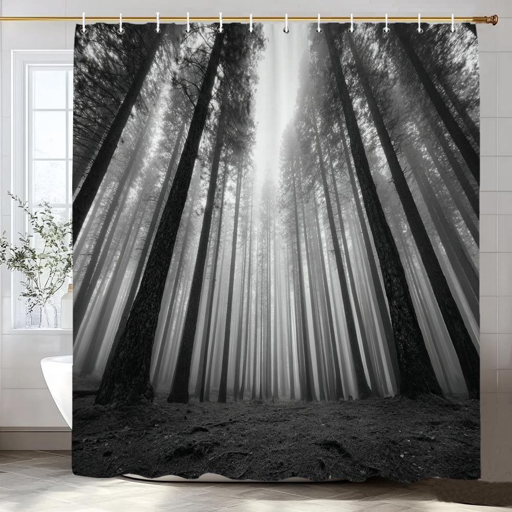 Schwarzer Baum Duschvorhang, Schwarzer Nebelwald Badezimmer Dekorativer Duschvorhang, Hängender Vorhang 12 Haken Maschinenwaschbar