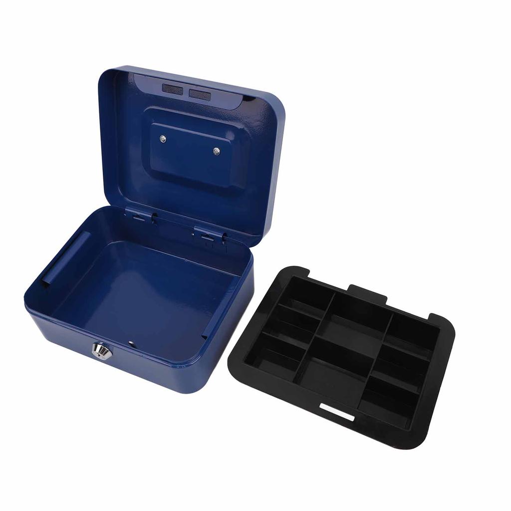 Liten låsbar kontantboks Bærbar dobbeltlags sikker metallpengekasse for hjem og kontor Blå