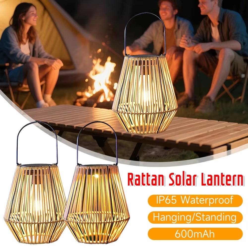 Waterproof Rattan Solar Lantern Bamboo Frame Solar Powered Bamboo Chandelier Lamp Standing/Hanging Weaving Lantern