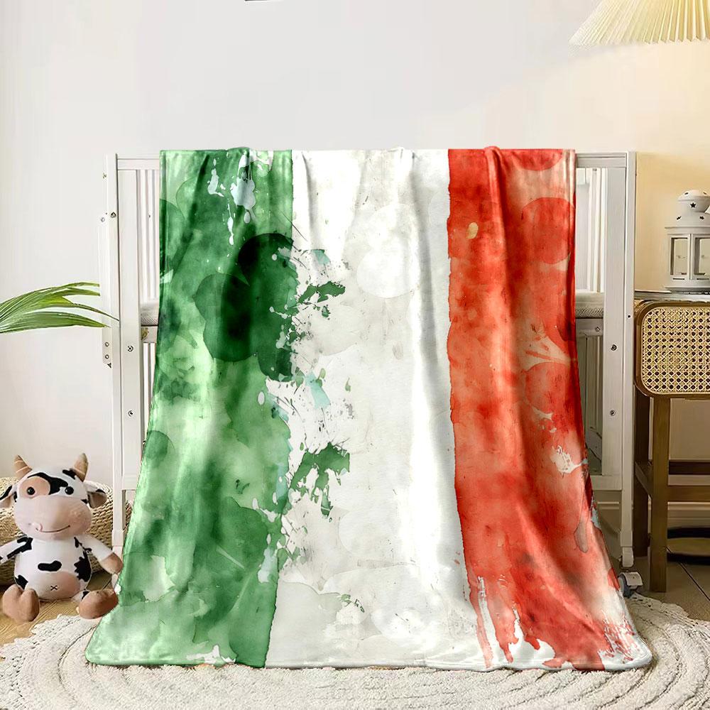 

A tricolor watercolor pattern with green, white, and orange vertical stripes. for all seasons blanket lunch break throw gift 80cm x 120cm
