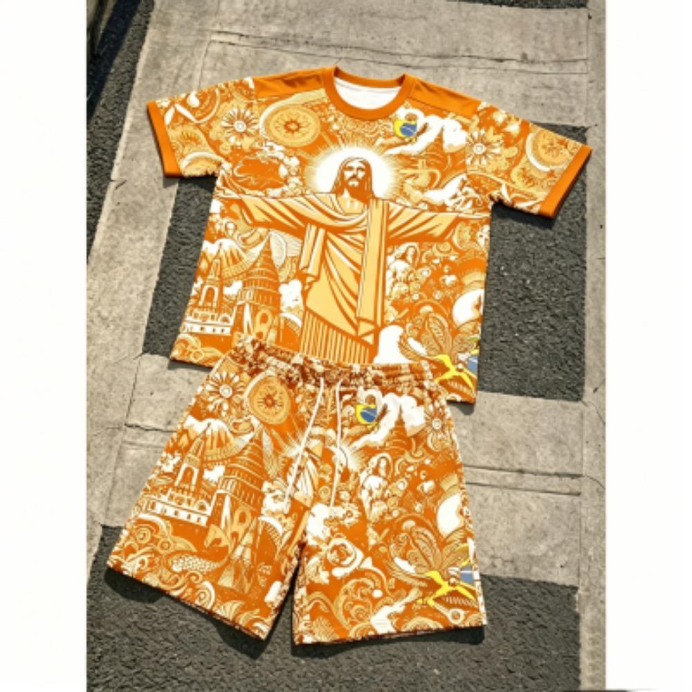 Fashion JESUS Printing Outdoor Street Men's T-shirt and Shorts 2 Piece Set Summer Casual Outfit Men's and Women's Sports Set