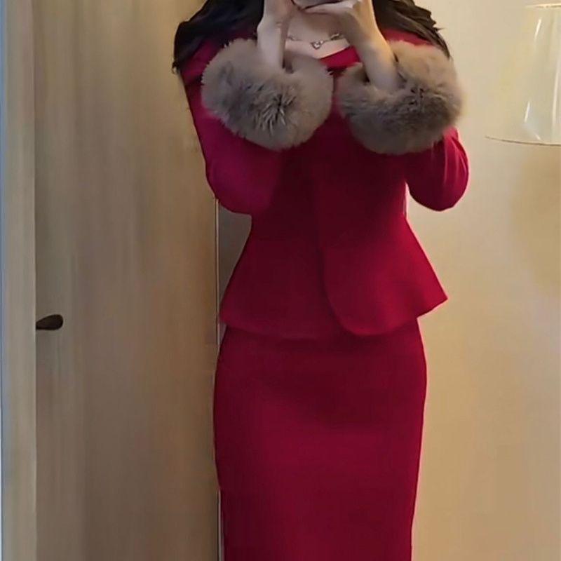 

2026 Winter Celebrity Style: Fashionable Business Slimming Top & Skirt with Fur Sleeves XL (115-125 jin)