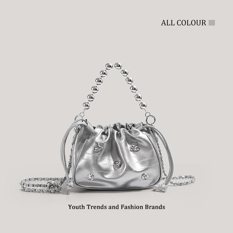 

Silver Love Language Bucket Bag Women s 2025 New Commuter Fashion Pearl Chain Bag Textured Shoulder Crossbody Bag