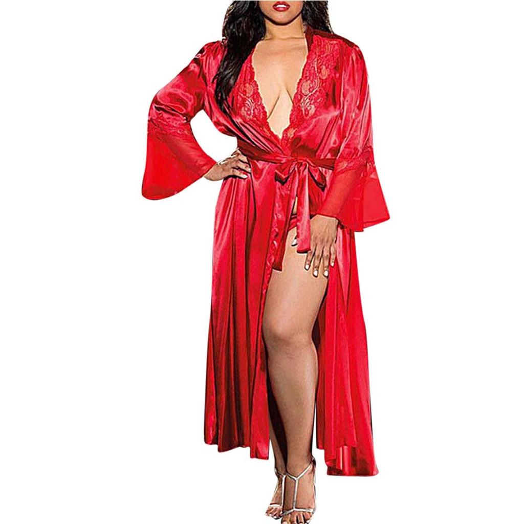 Women's Sexy Lingerie Lace Large Size See-through Long Bathrobe See-through Nightgown