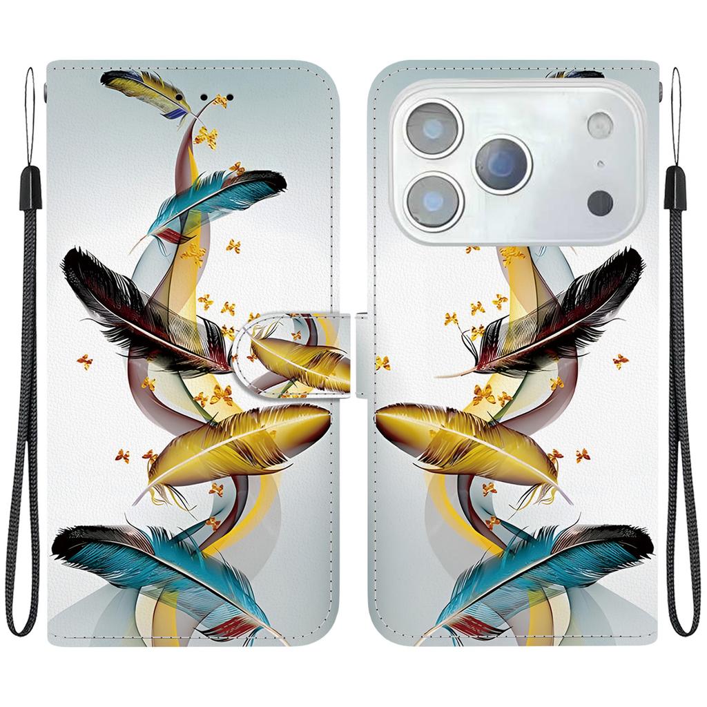 Pro iPhone 17 Pro Pouzdro Vzorový Tisk Odolné proti Pádu Kožené Vyklápěcí Peněženkové Pouzdro na Telefon se Šňůrkou