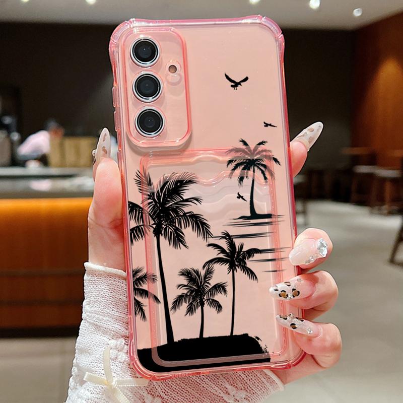 Coconut Tree Print Clear Card Slot Case For Samsung S25 S24 FE S23 Ultra A56 A36 A16 A55 A35 A15 Slim Soft Silicone Shockproof Phone Cover