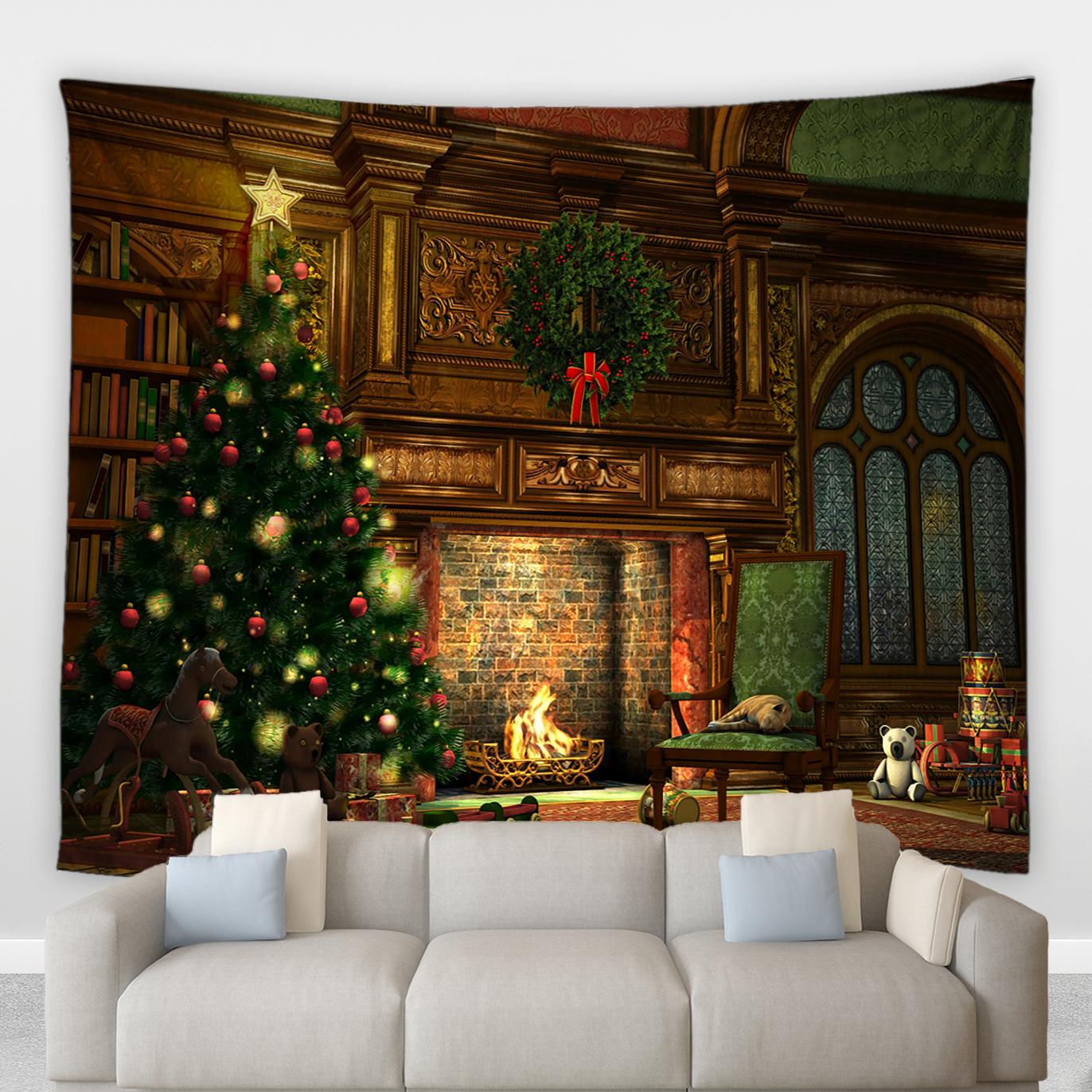 

Рождественский камин, большой гобелен, рождественская елка, снеговик, мультяшный кот, ночь, звездное небо, настенное одеяло, фреска 100x75cm